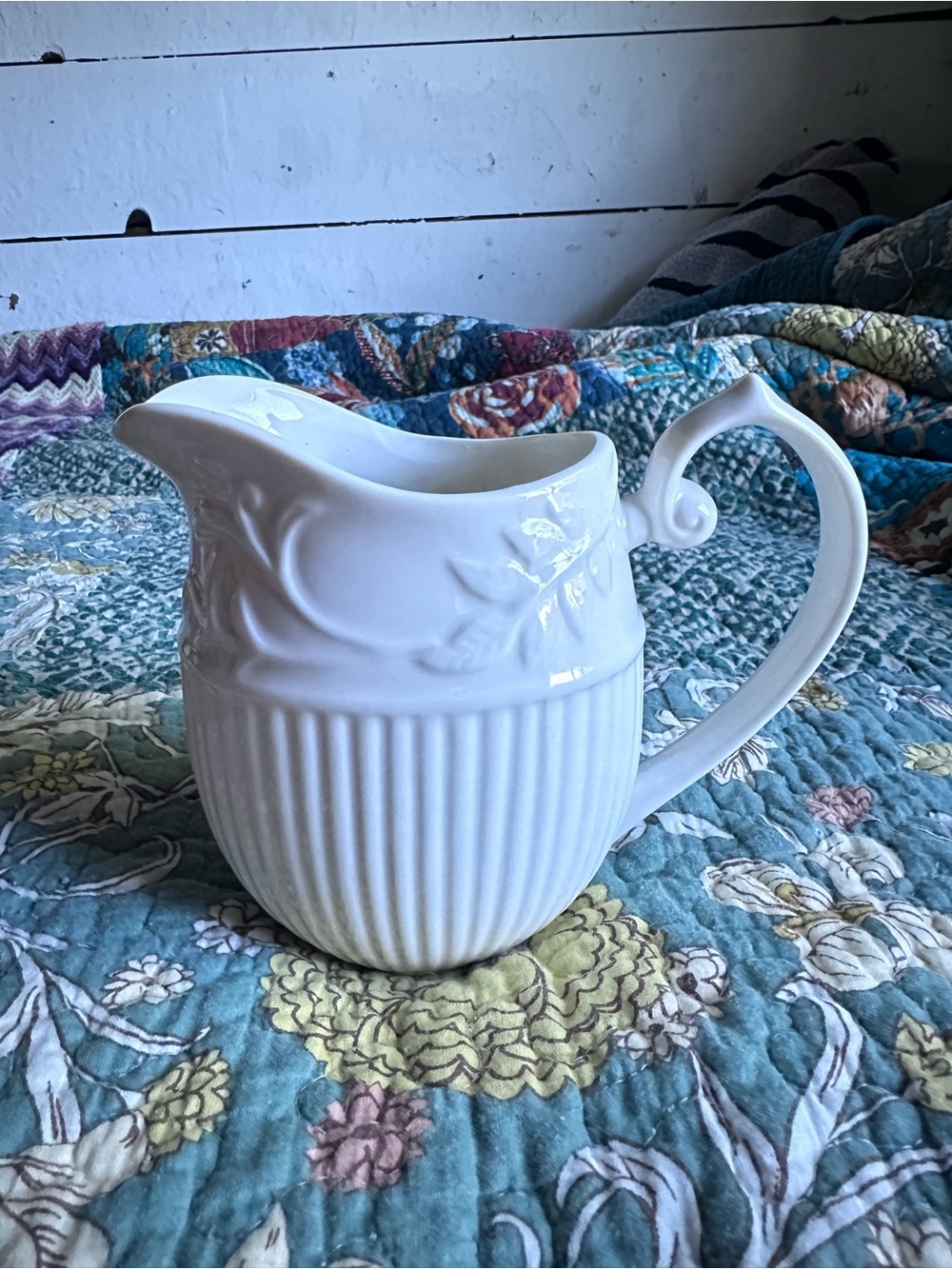 Grace’s Teaware Elegant White Ceramic Pitcher with Decorative Handle H 6”
